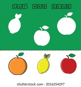 Fruites worksheet vector design, the task is to cut and glue a piece on colorful cute fruites: apple, orange , lemon . Logic game for children.