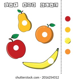Fruites worksheet vector design, the task is to cut and glue a piece on colorful cute fruites: apple, orange , banana, pear . Logic game for children.