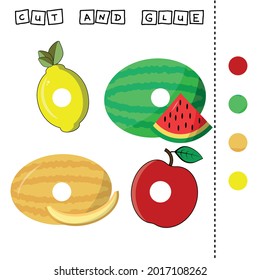 Fruites worksheet vector design, the task is to cut and glue a piece on colorful cute fruites: apple, lemon, watermelon,  melon. Logic game for children.