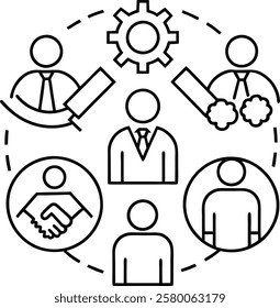 Fruitful business cooperation slight line symbol set. Containing collaboration, participation, group cooperating, arrangement, handshake, support, help, bunch individuals, association, association. 