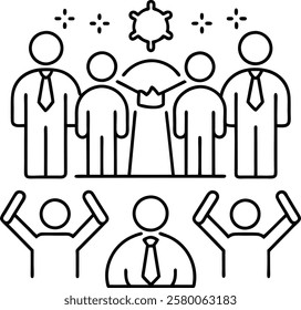 Fruitful business cooperation slight line symbol set. Containing collaboration, participation, group cooperating, arrangement, handshake, support, help, bunch individuals, association, association. 