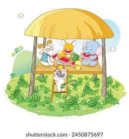 Celebración fructífera del día de verano: animales de dibujos animados lindos de Kawaii - zorro, pollo, gato, elefante jugando en un parque de sandías - Ilustración vectorial aislada sobre fondo blanco