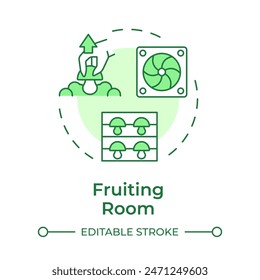 Icono de concepto verde suave de sala de fructificación. Cultivo de hongos. Gestión de Recortar. Condiciones óptimas. Control del climatizador. Ilustración de línea de forma redonda. Abstractas idea. Diseño gráfico. Fácil de usar en el artículo