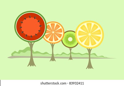 Fruit-like trees: watermelon, orange, lemon, kiwi