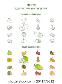 Fruits 01 Icons set - Vector color symbols and outline of orange, banana, lemon, pear, apple and other fruits for the site or interface