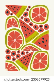 Fruits abstract elements. Food and healsy composition. Modern trendy Matisse minimal style. Fruits poster, invite. Vector arrangements for greeting card or invitation design