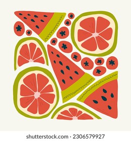 Fruits abstract elements. Food and healsy composition. Modern trendy Matisse minimal style. Fruits poster, invite. Vector arrangements for greeting card or invitation design