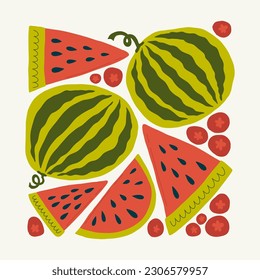 Fruits abstract elements. Food and healsy composition. Modern trendy Matisse minimal style. Fruits poster, invite. Vector arrangements for greeting card or invitation design