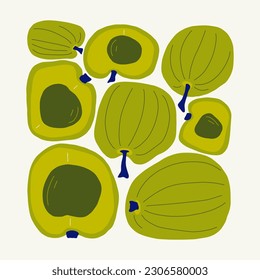 Fruits abstract elements. Food and healsy composition. Modern trendy Matisse minimal style. Fruits poster, invite. Vector arrangements for greeting card or invitation design