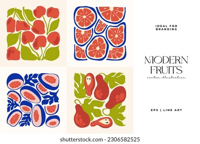 Fruits abstract elements. Food and healsy composition. Modern trendy Matisse minimal style. Fruits poster, invite. Vector arrangements for greeting card or invitation design