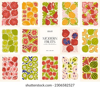 Fruits abstract elements. Food and healsy composition. Modern trendy Matisse minimal style. Fruits poster, invite. Vector arrangements for greeting card or invitation design