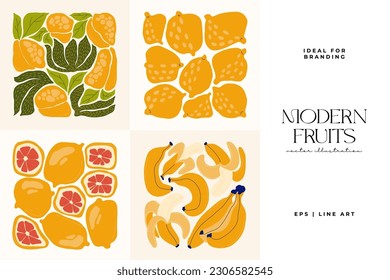 Fruits abstract elements. Food and healsy composition. Modern trendy Matisse minimal style. Fruits poster, invite. Vector arrangements for greeting card or invitation design