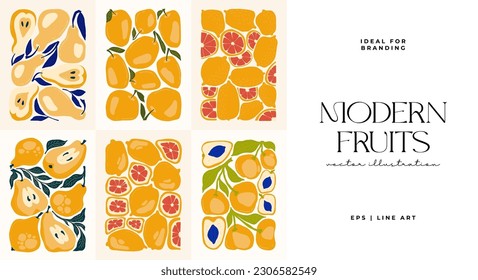 Fruits abstract elements. Food and healsy composition. Modern trendy Matisse minimal style. Fruits poster, invite. Vector arrangements for greeting card or invitation design