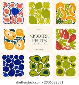 Fruits abstract elements. Food and healsy composition. Modern trendy Matisse minimal style. Fruits poster, invite. Vector arrangements for greeting card or invitation design