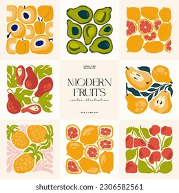 Fruits abstract elements. Food and healsy composition. Modern trendy Matisse minimal style. Fruits poster, invite. Vector arrangements for greeting card or invitation design