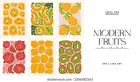 Fruits abstract elements. Food and healsy composition. Modern trendy Matisse minimal style. Fruits poster, invite. Vector arrangements for greeting card or invitation design