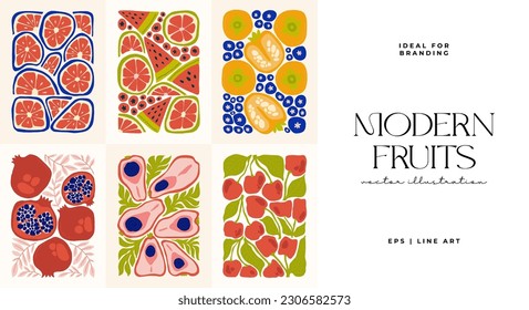 Fruits abstract elements. Food and healsy composition. Modern trendy Matisse minimal style. Fruits poster, invite. Vector arrangements for greeting card or invitation design