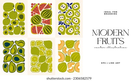 Fruits abstract elements. Food and healsy composition. Modern trendy Matisse minimal style. Fruits poster, invite. Vector arrangements for greeting card or invitation design