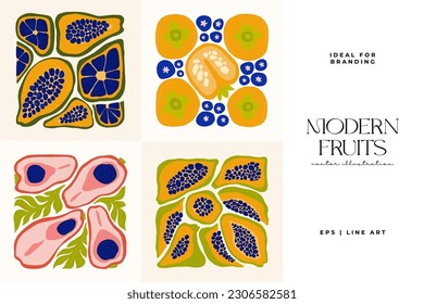 Früchte abstrakte Elemente. Nahrung und gesunde Zusammensetzung. Moderner Stil Matisse minimalistisch. Obstposter, einladen. Vektorgrafik-Arrangements für Grußkarten oder Einladungen