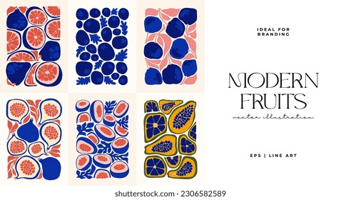Fruits abstract elements. Food and healsy composition. Modern trendy Matisse minimal style. Fruits poster, invite. Vector arrangements for greeting card or invitation design
