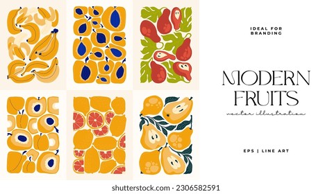 Fruits abstract elements. Food and healsy composition. Modern trendy Matisse minimal style. Fruits poster, invite. Vector arrangements for greeting card or invitation design