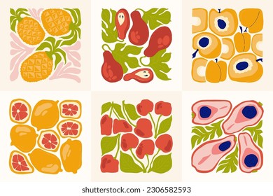 Elementos abstractos de frutas. Composición alimentaria y saludable. Moderna moda Matisse minimalista. Cartel de frutas, invitación. Disposiciones de vectores para el diseño de tarjetas de felicitación o invitaciones