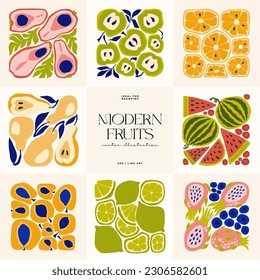Fruits abstract elements. Food and healsy composition. Modern trendy Matisse minimal style. Fruits poster, invite. Vector arrangements for greeting card or invitation design
