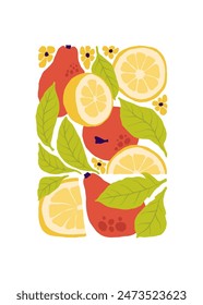 Fruits abstract elements. Food and healsy composition. Modern trendy Matisse minimal style. Fruits poster, invite. Vector arrangements for greeting card or invitation design