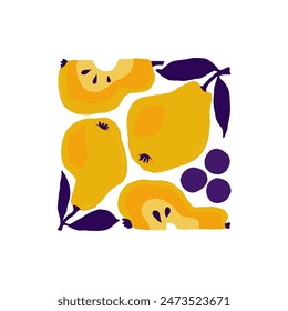 Obst abstrakte Elemente. Nahrung und gesunde Zusammensetzung. Moderner trendiger Matisse minimalistischer Stil. Früchte Poster, laden ein. Vektorgrafik der Gestaltung der Grußkarte oder der Einladung