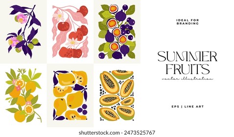 Fruits abstract elements. Food and healsy composition. Modern trendy Matisse minimal style. Fruits poster, invite. Vector arrangements for greeting card or invitation design