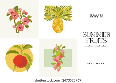 Fruits abstract elements. Food and healsy composition. Modern trendy Matisse minimal style. Fruits poster, invite. Vector arrangements for greeting card or invitation design
