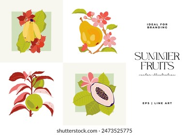 Frutas Elementos abstractos. Composición alimentaria y saludable. Moderno estilo minimalista Matisse de moda. Cartel de frutas, inviten. Disposiciones de Vector para diseño de tarjeta de felicitación o invitación