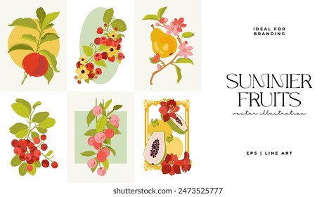 Fruits abstract elements. Food and healsy composition. Modern trendy Matisse minimal style. Fruits poster, invite. Vector arrangements for greeting card or invitation design