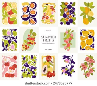 Fruits abstract elements. Food and healsy composition. Modern trendy Matisse minimal style. Fruits poster, invite. Vector arrangements for greeting card or invitation design