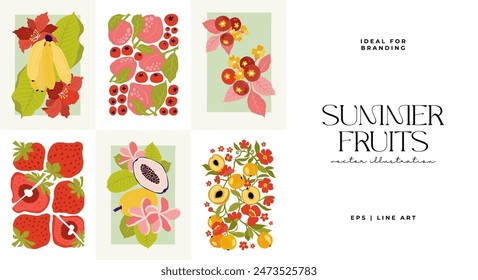Fruits abstract elements. Food and healsy composition. Modern trendy Matisse minimal style. Fruits poster, invite. Vector arrangements for greeting card or invitation design