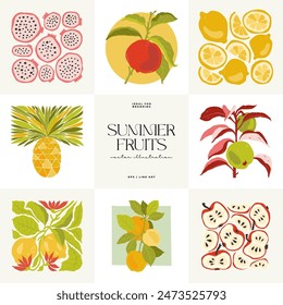 Frutas Elementos abstractos. Composición alimentaria y saludable. Moderno estilo minimalista Matisse de moda. Cartel de frutas, inviten. Disposiciones de Vector para diseño de tarjeta de felicitación o invitación