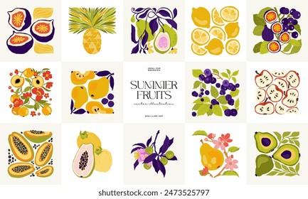 Fruits abstract elements. Food and healsy composition. Modern trendy Matisse minimal style. Fruits poster, invite. Vector arrangements for greeting card or invitation design