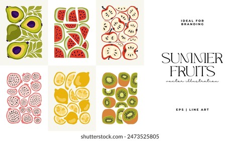 Fruits abstract elements. Food and healsy composition. Modern trendy Matisse minimal style. Fruits poster, invite. Vector arrangements for greeting card or invitation design