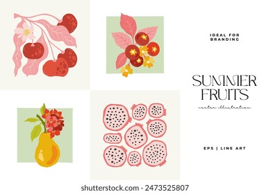Fruits abstract elements. Food and healsy composition. Modern trendy Matisse minimal style. Fruits poster, invite. Vector arrangements for greeting card or invitation design
