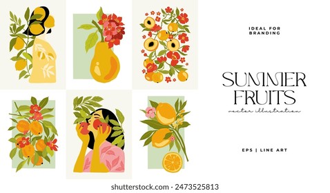 Fruits abstract elements. Food and healsy composition. Modern trendy Matisse minimal style. Fruits poster, invite. Vector arrangements for greeting card or invitation design