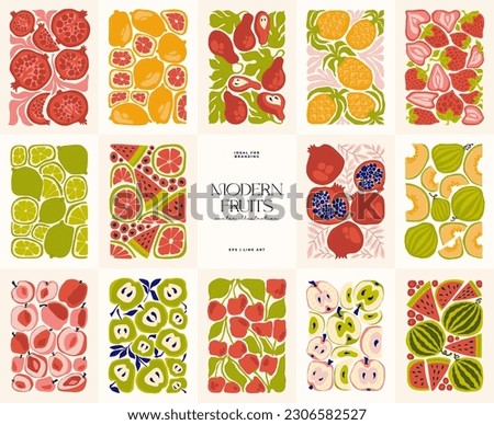 Fruits abstract elements. Food and healsy composition. Modern trendy Matisse minimal style. Fruits poster, invite. Vector arrangements for greeting card or invitation design