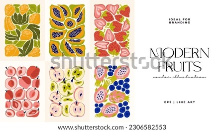 Fruits abstract elements. Food and healsy composition. Modern trendy Matisse minimal style. Fruits poster, invite. Vector arrangements for greeting card or invitation design