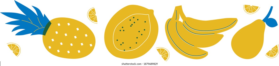 Fruits abstract vector. Pineapple, banana, pear, papaya simple illustration. Exotic fruits horizontal banner cartoon flat style. Can be use for restaurants menu, cover, packaging.