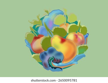 Abstracción de frutas con gradiente, peras, manzanas, hojas de frutas, adorno redondo hecho de frutas y flores