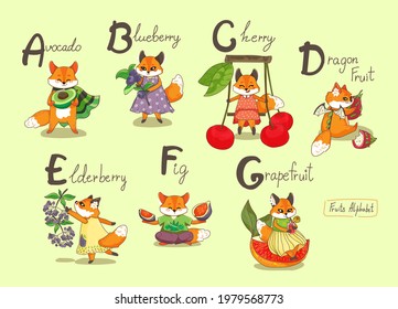 Fruits Alphabet with Foxes for kids. A, B, C, D, E, F, G. Cute vector hand draw alphabet with fox and fruits