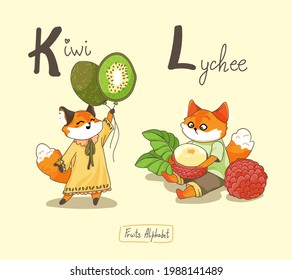 Fruits Alphabet with Foxes for kids. K - kiwi, L - lechees. Cute vector hand draw alphabet with fox