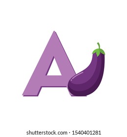 Fruits Alphabet - Letter A for Aubergine. Education for Kids Flat Vector Illustration.