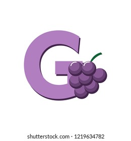 Fruits Alphabet - Letter G for Grape. Education for Kids Flat Vector Illustration.