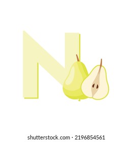 Fruits Alphabet - Letter N for Nashi Pear. Education for Kids Flat Vector Illustration.