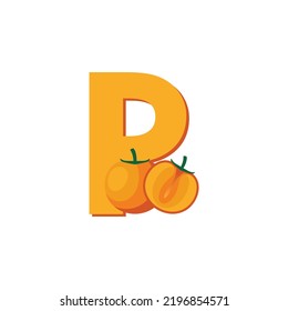 Fruits Alphabet - Letter P for Persimmon. Education for Kids Flat Vector Illustration.